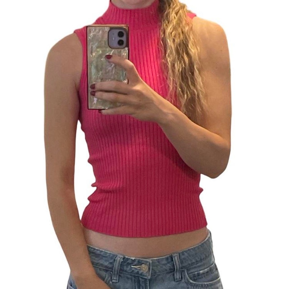 Sleeveless Ribbed Mock Neck Tank Top - Pink